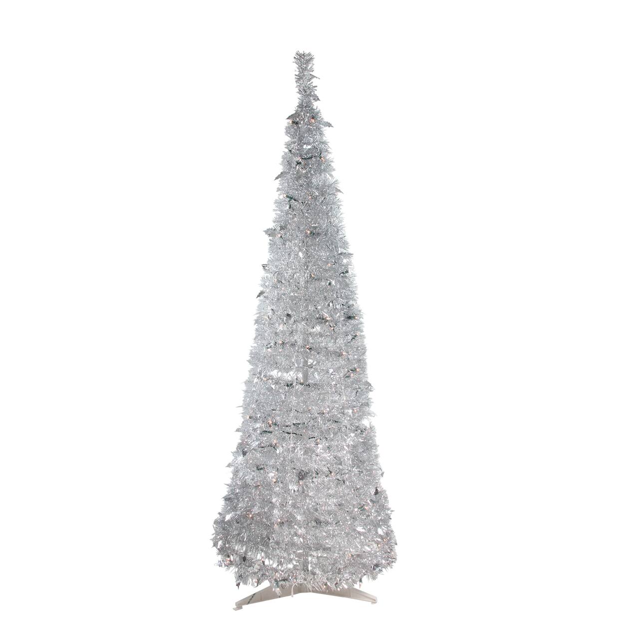 6ft. Pre-Lit Silver Tinsel Pop-Up Artificial Christmas Tree, Clear Lights